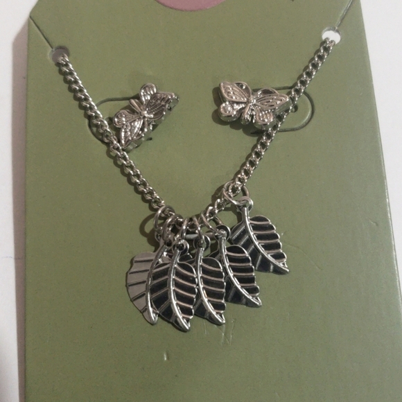 Silver-Tone Leaf Charm Necklace & Butterfly Stud Earrings Set – Nature Jewelry - Picture 4 of 9